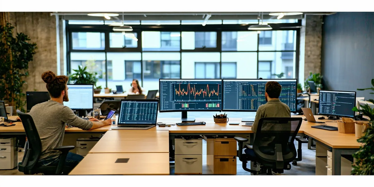 Small engineering team collaborating in a modern San Francisco office workspace