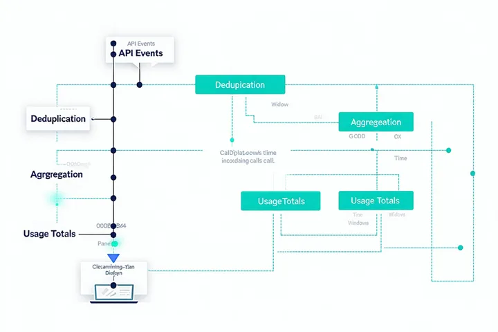 Metering pipeline diagram showing event stream flowing through deduplication, aggregation, and storage layers into usage totals