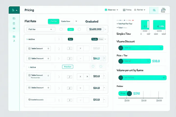 Pricing engine configuration interface showing tier editor with graduated pricing tiers and visual preview